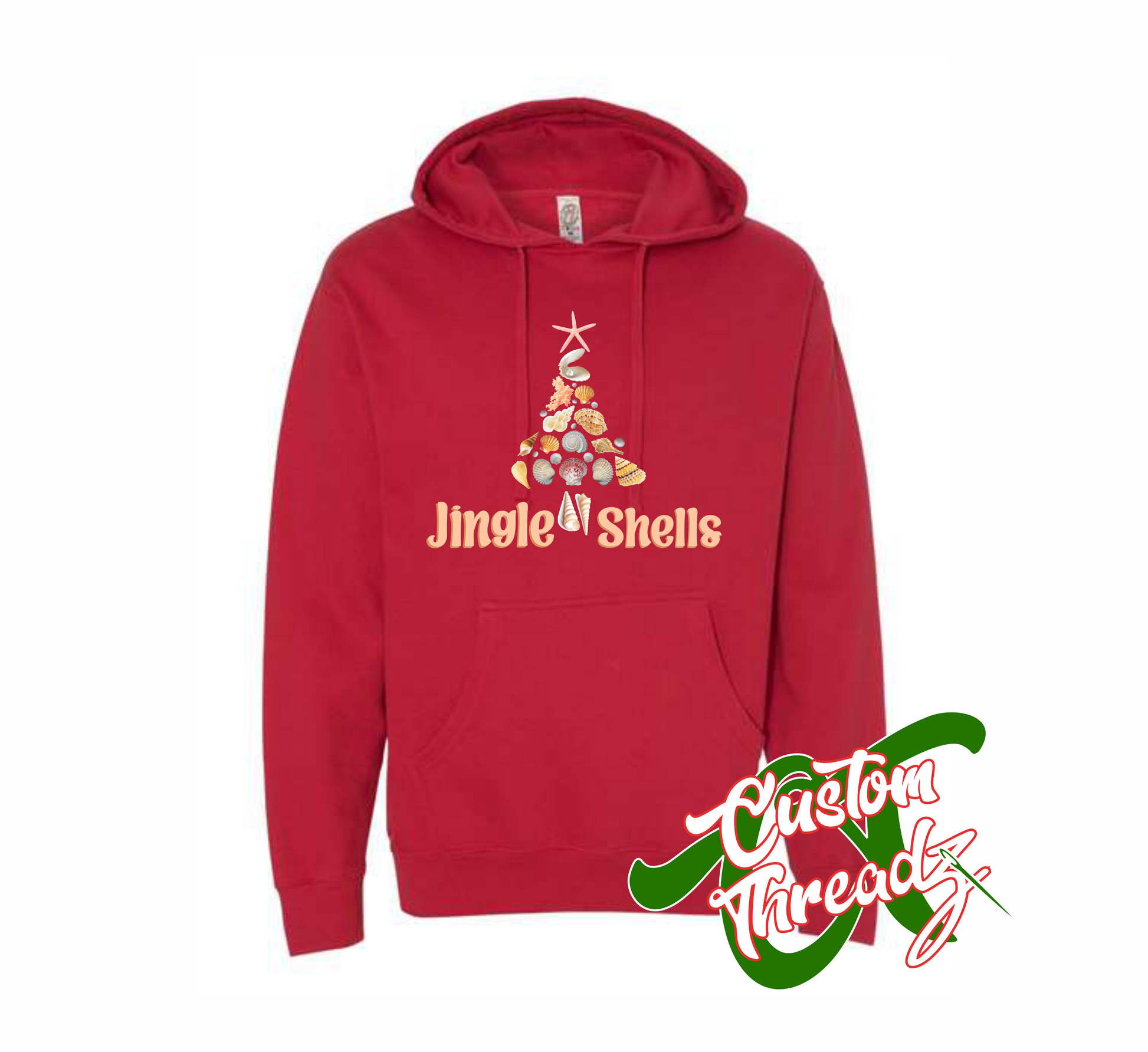 red hoodie with jingle shells christmas tree made out of shells DTG printed design