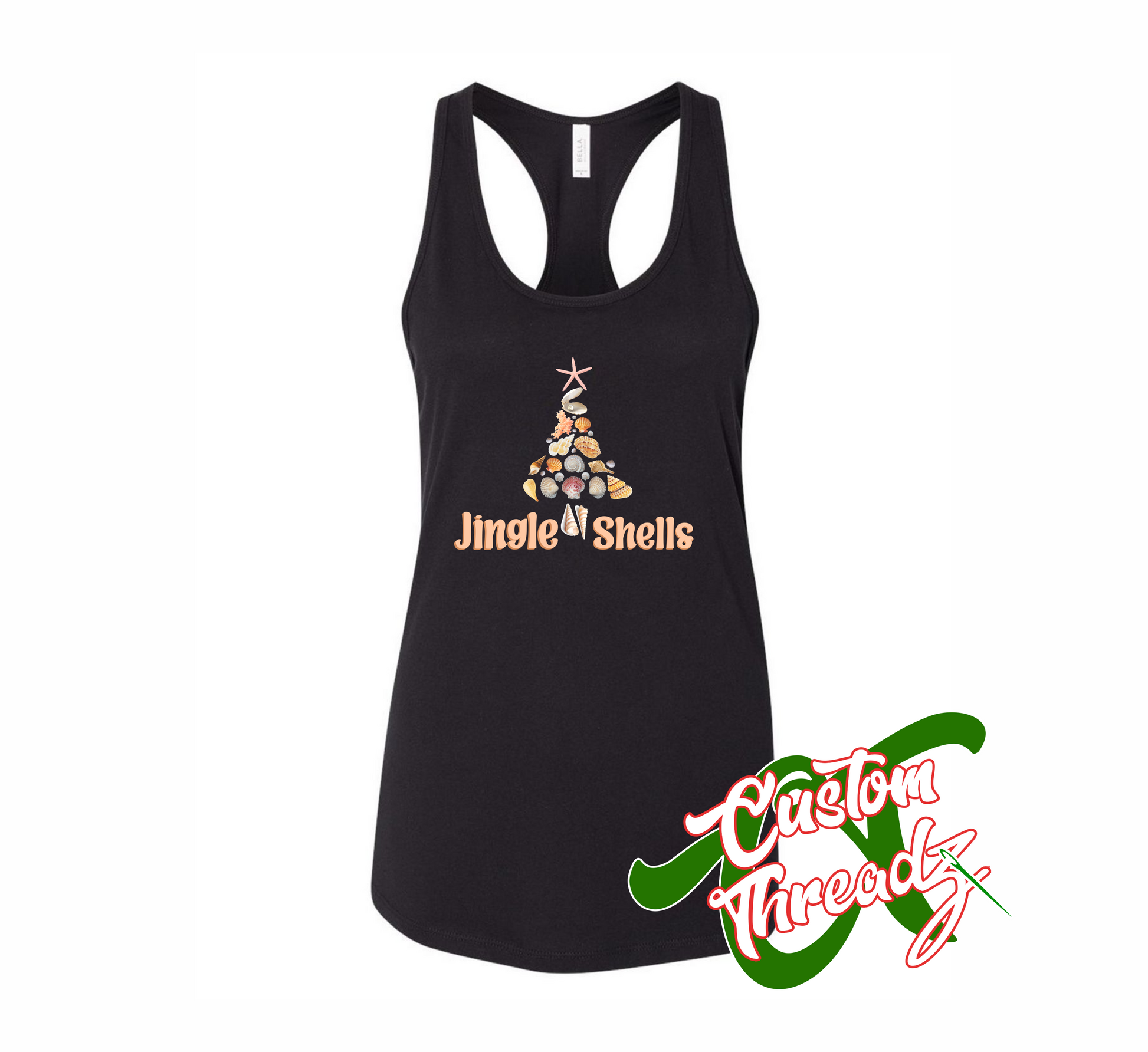 women's black tank top with jingle shells christmas tree made out of shells DTG printed design