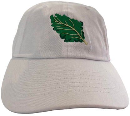 white dad cap with kale embroidery