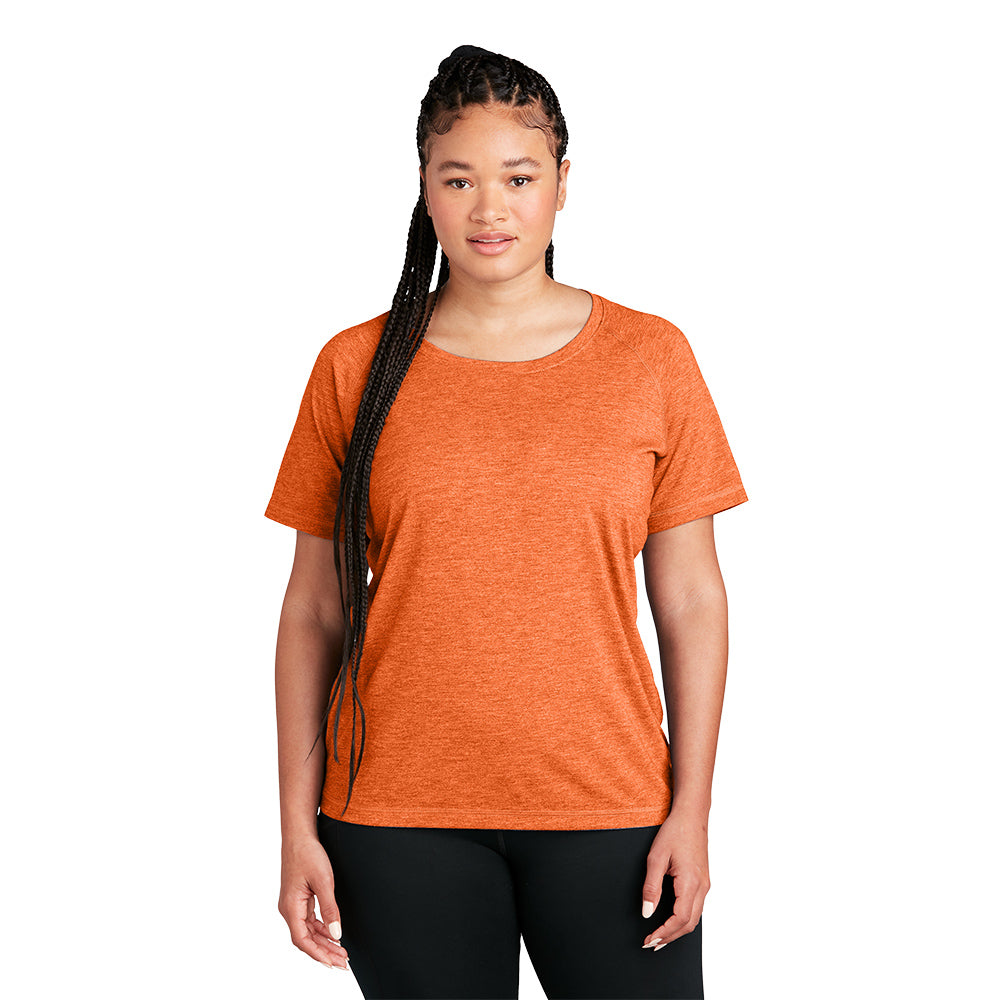 model wearing sport-tek womens triblend wicking scoop neck raglan tee in deep orange heather