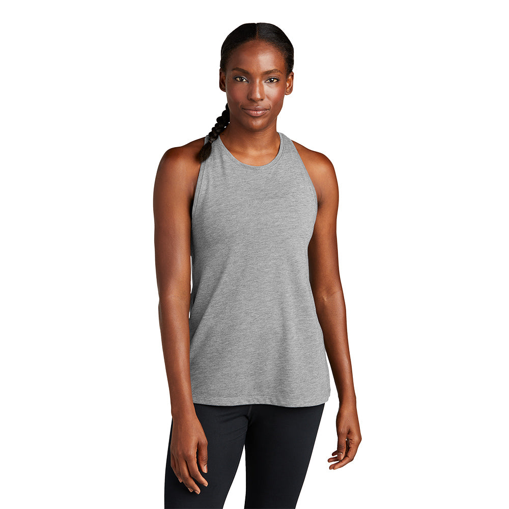 model wearing sport-tek womens triblend wicking tank in light grey heather