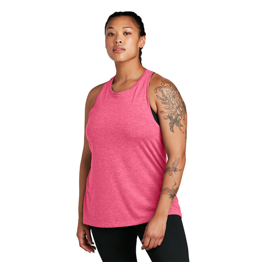 model wearing sport-tek womens triblend wicking tank in pink raspberry heather