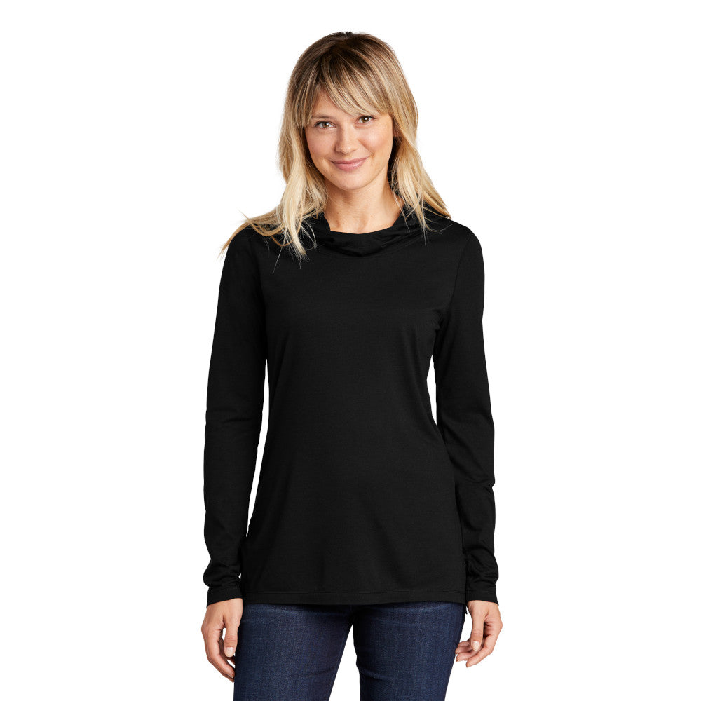 model wearing sport-tek womens triblend wicking long sleeve hoodie in black triad solid