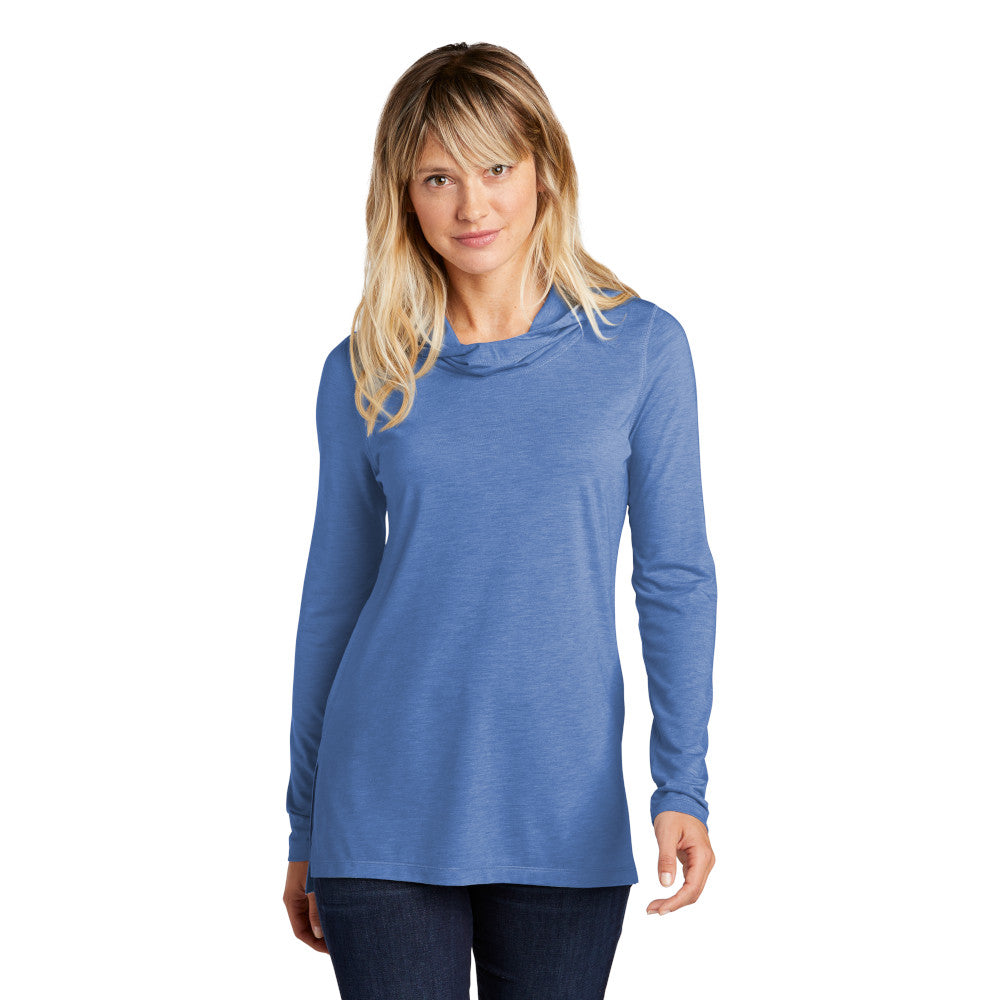 model wearing sport-tek womens triblend wicking long sleeve hoodie in true royal heather