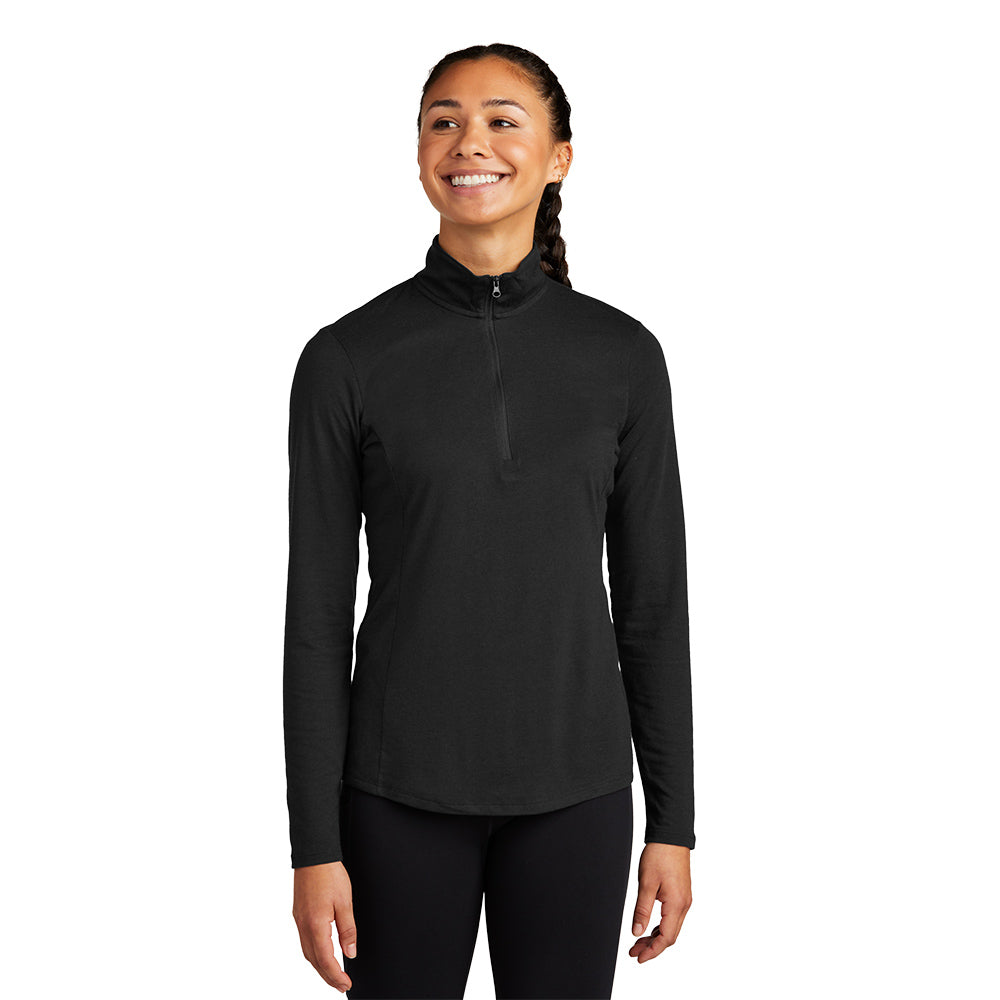 model wearing sport-tek womens triblend wicking 1/4-zip pullover in black triad solid