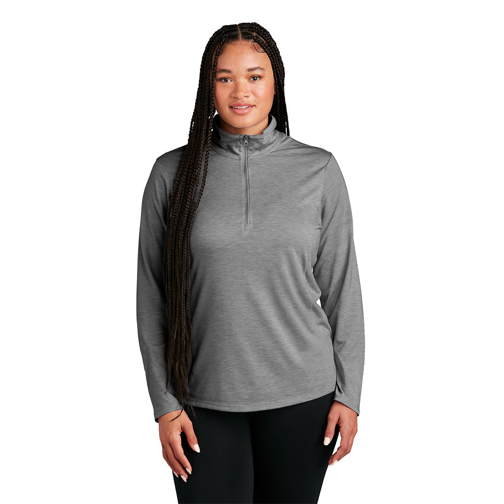 model wearing sport-tek womens triblend wicking 1/4-zip pullover in dark grey heather