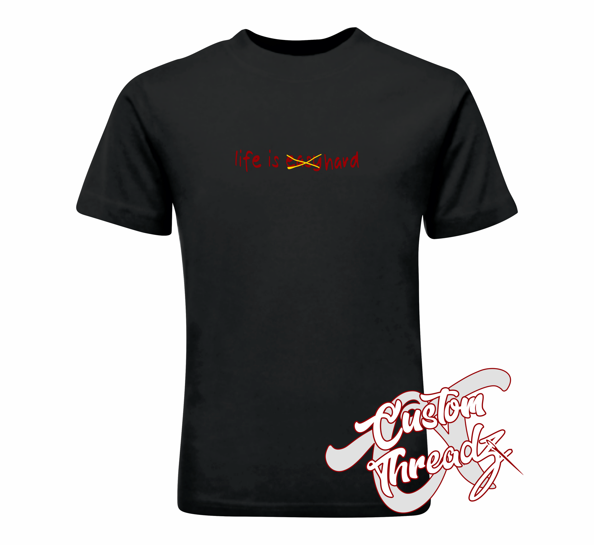 black t-shirt with life is easy crossed out hard DTG printed design