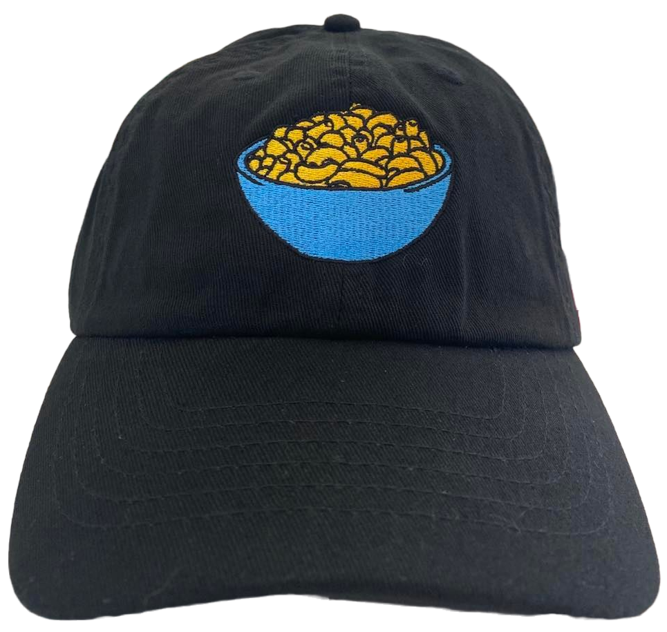 black dad cap with macaroni and cheese embroidery