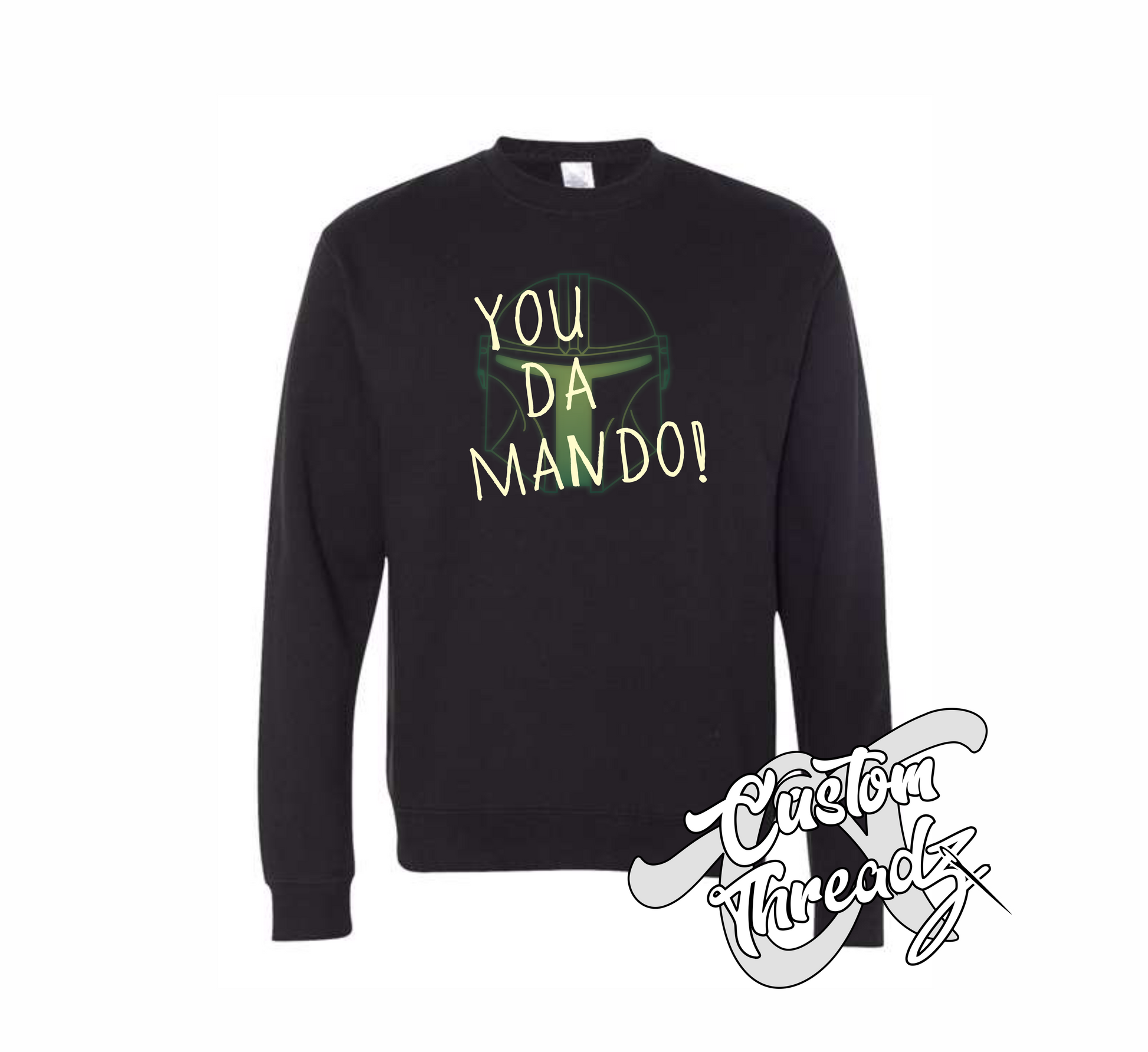 black crewneck sweatshirt with you da mando mandalorian star wars DTG printed design