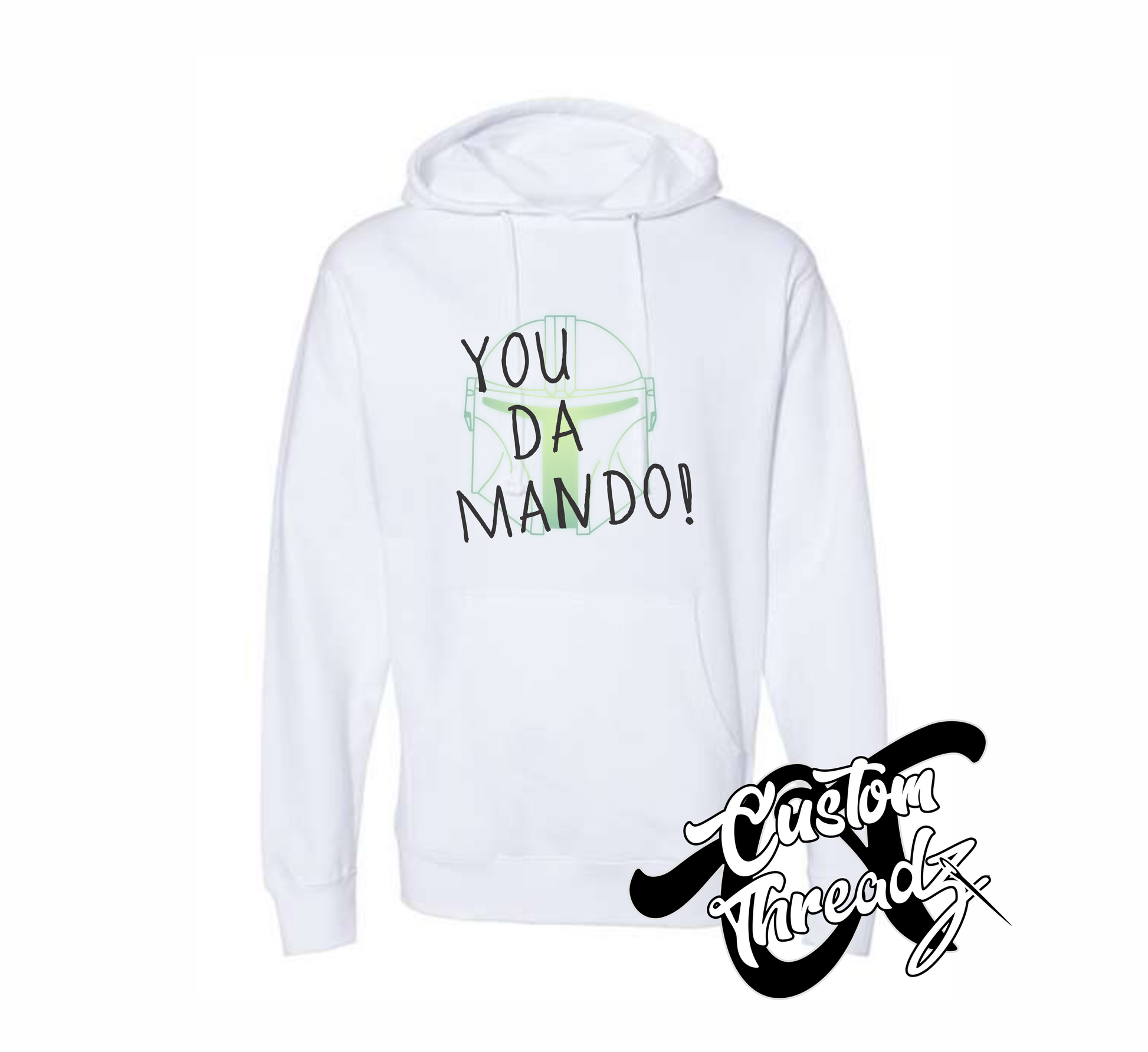 white hoodie with you da mando mandalorian star wars DTG printed design