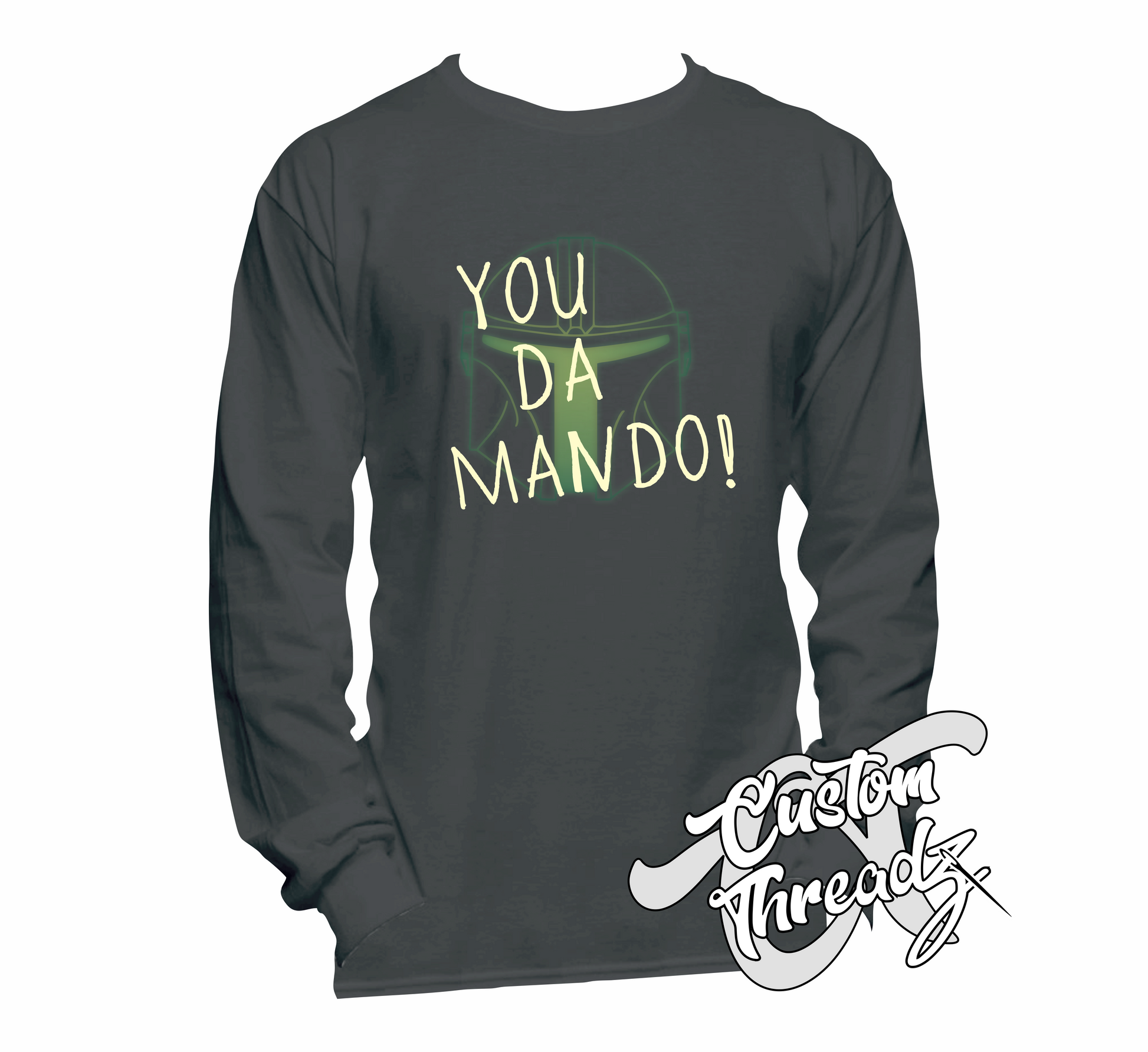 charcoal long sleeve tee with you da mando mandalorian DTG printed design