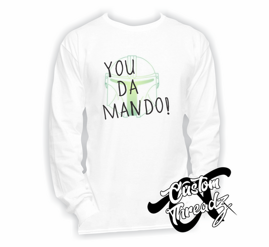 white long sleeve tee with you da mando mandalorian DTG printed design