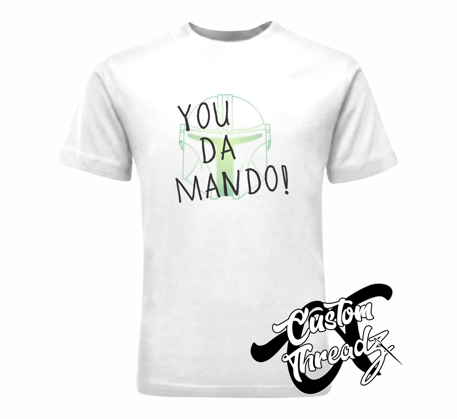 white tee with you da mando mandalorian DTG printed design