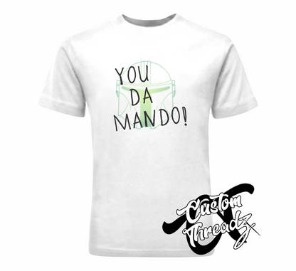 white tee with you da mando mandalorian DTG printed design