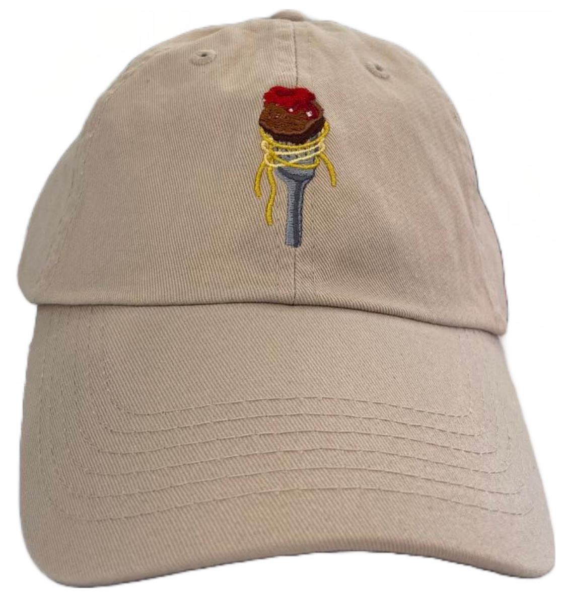 stone dad cap with spaghetti and meatball on a fork embroidery