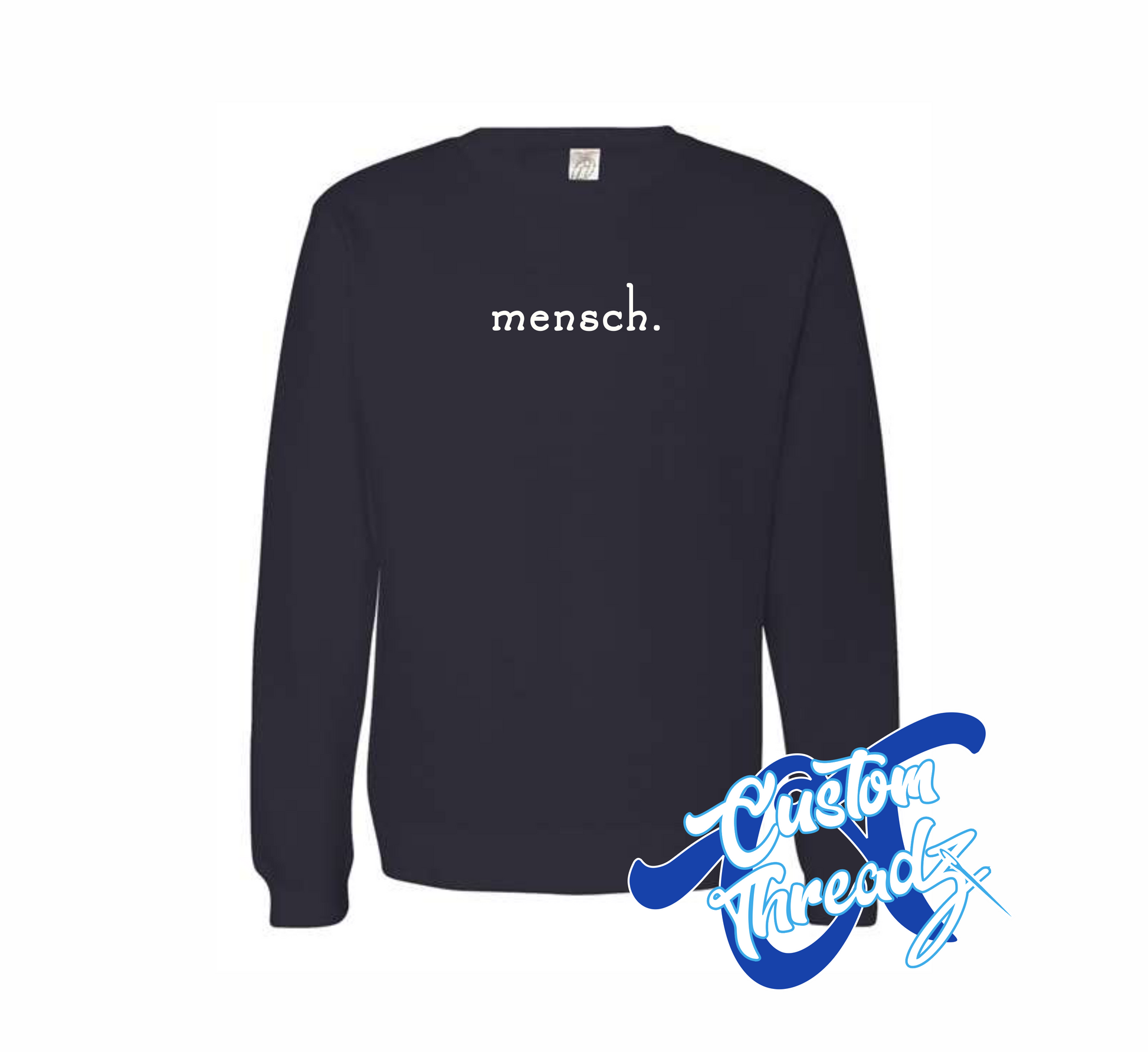 navy crewneck sweatshirt with mensch DTG printed design