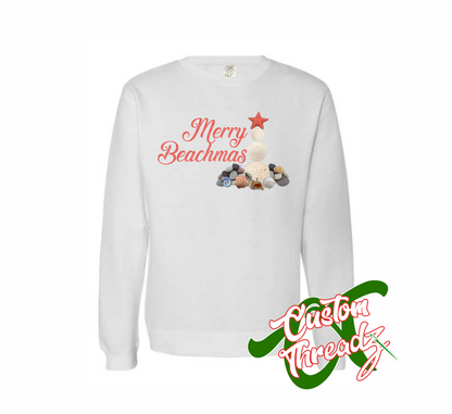 white crewneck sweatshirt with merry beachmas christmas DTG printed design