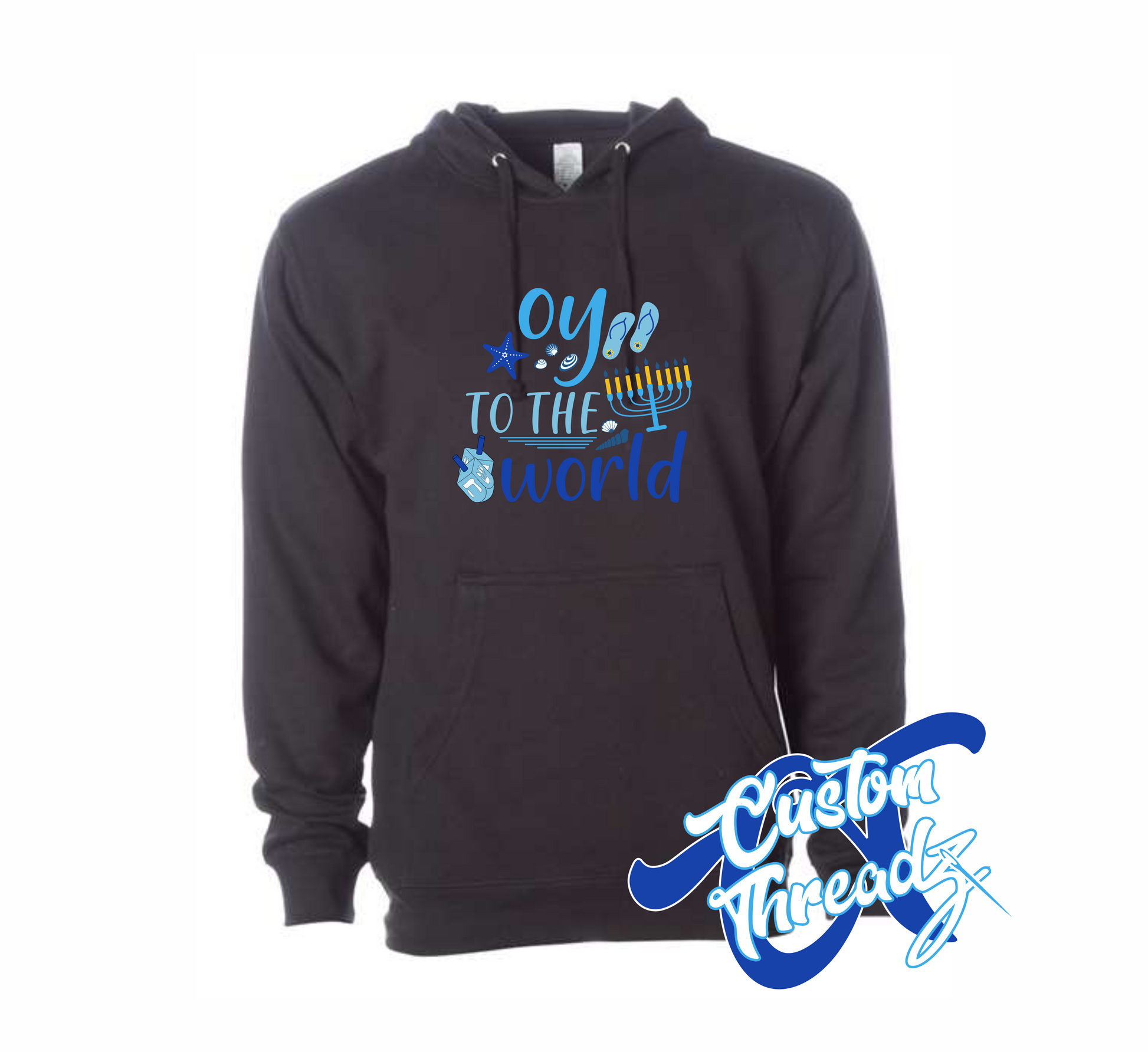 black hoodie with oy to the world hanukkah beach DTG printed design