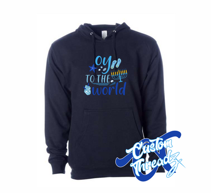 navy hoodie with oy to the world hanukkah beach DTG printed design