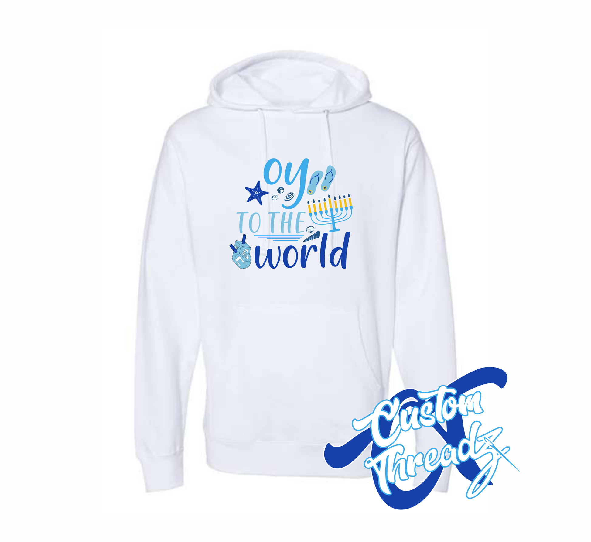 white hoodie with oy to the world hanukkah beach DTG printed design