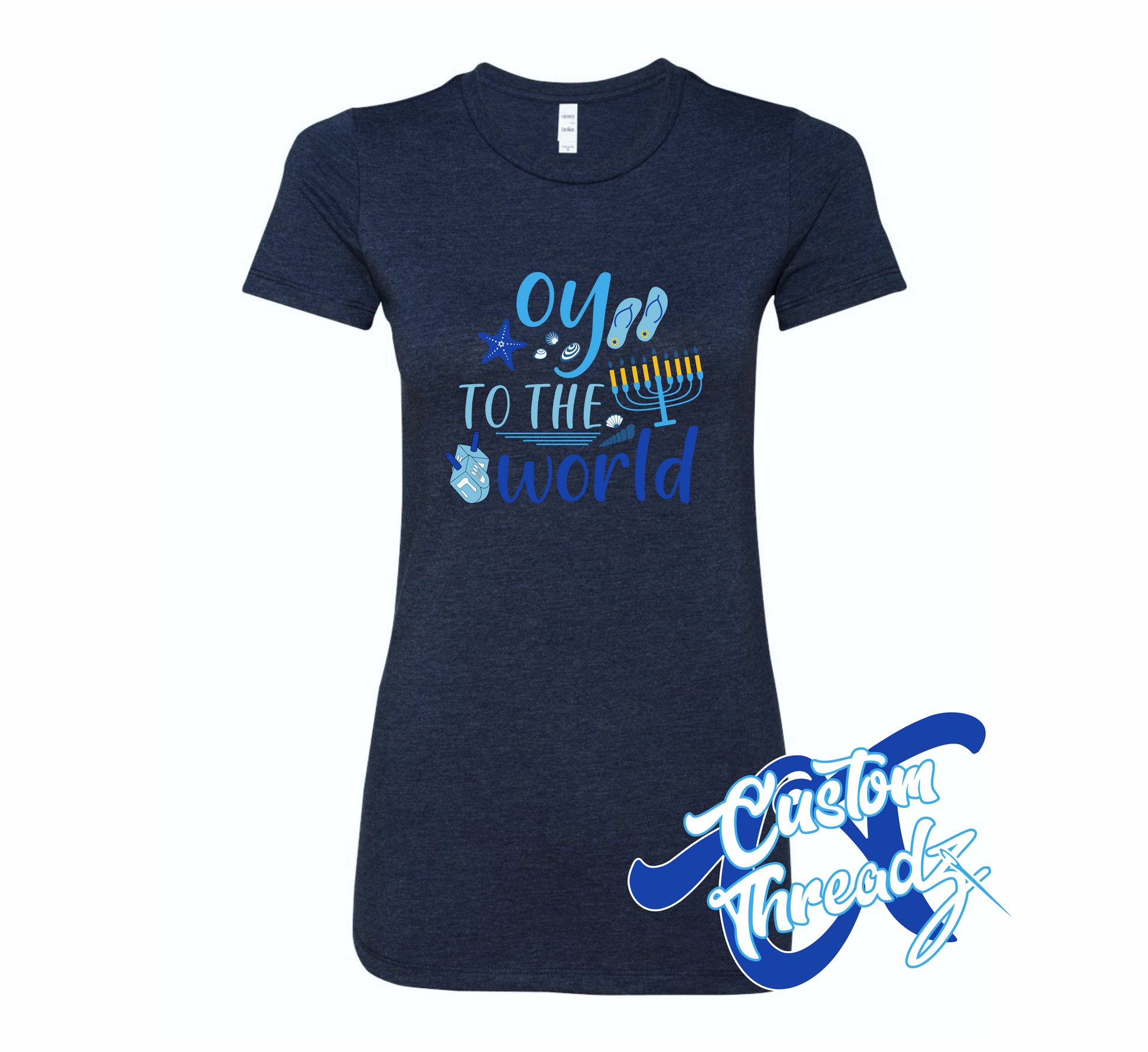women's navy t-shirt with oy to the world hanukkah beach DTG printed design