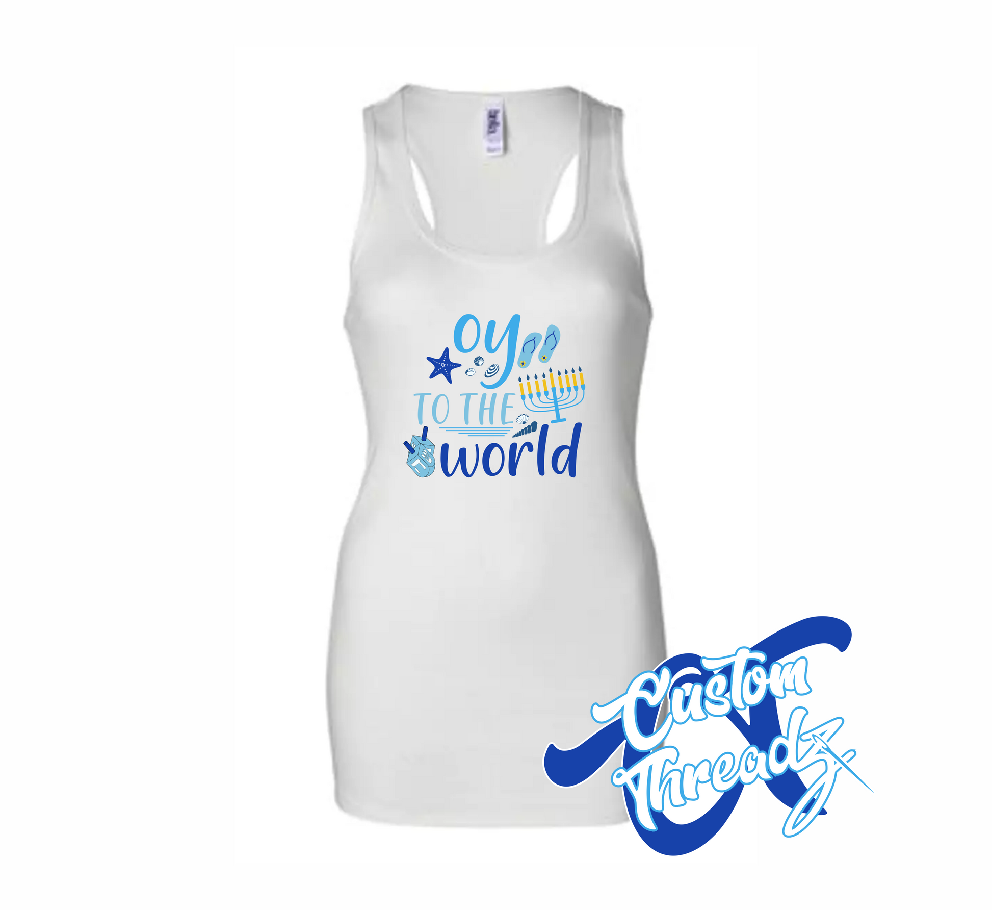 women's white tank top with oy to the world hanukkah beach DTG printed design