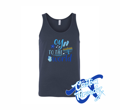 navy tank top with oy to the world hanukkah beach DTG printed design