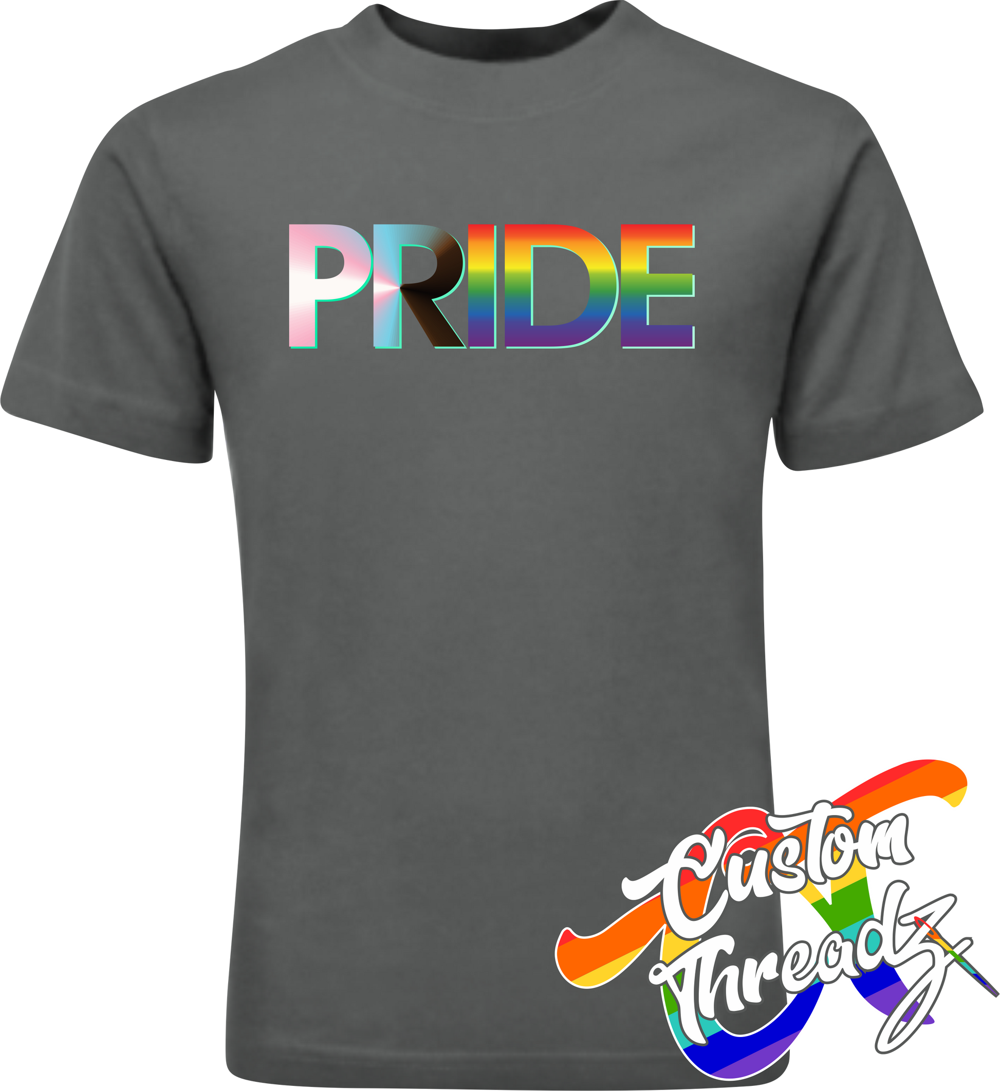 charcoal tee with progress pride flag DTG printed design