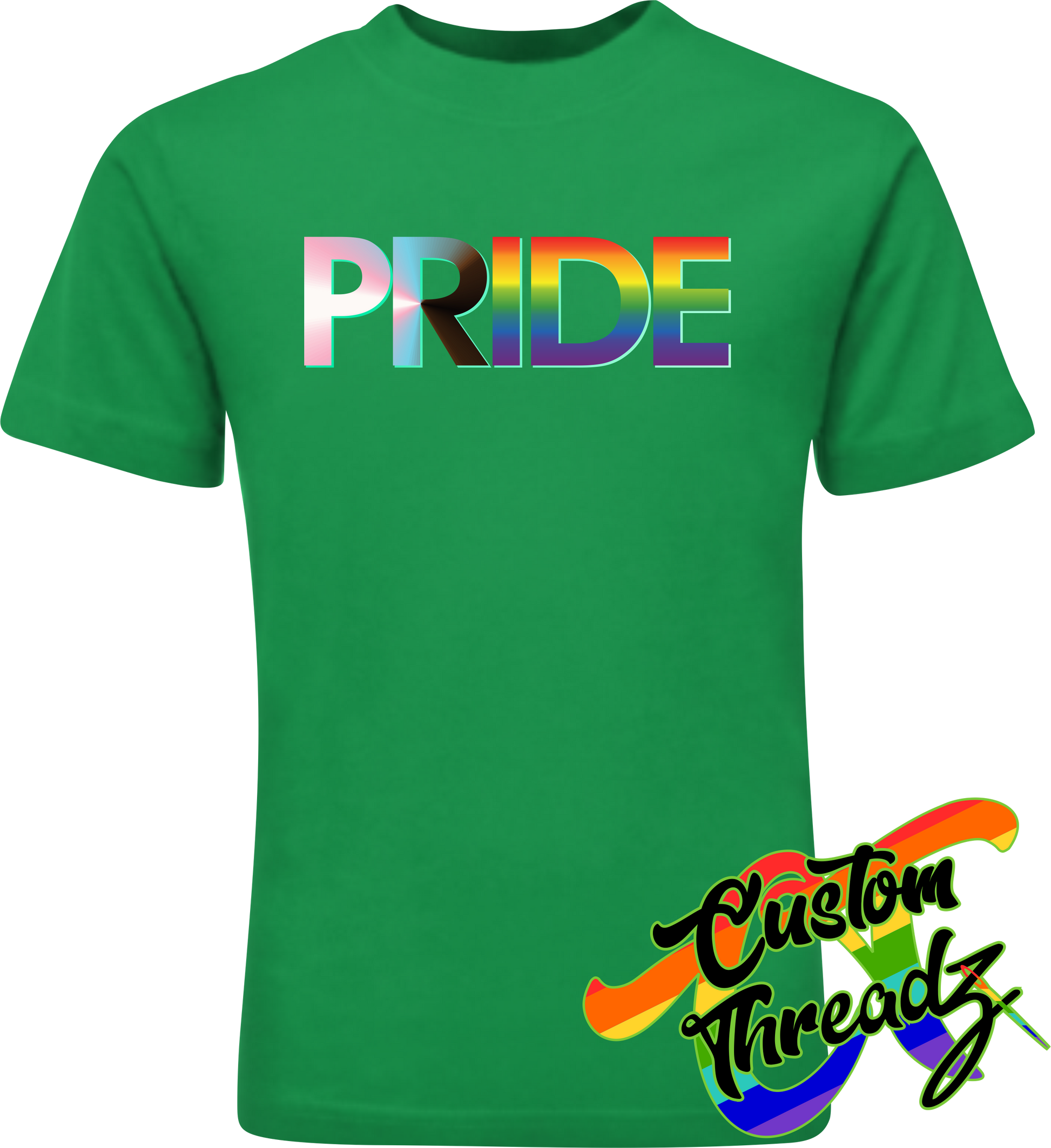green tee with progress pride flag DTG printed design