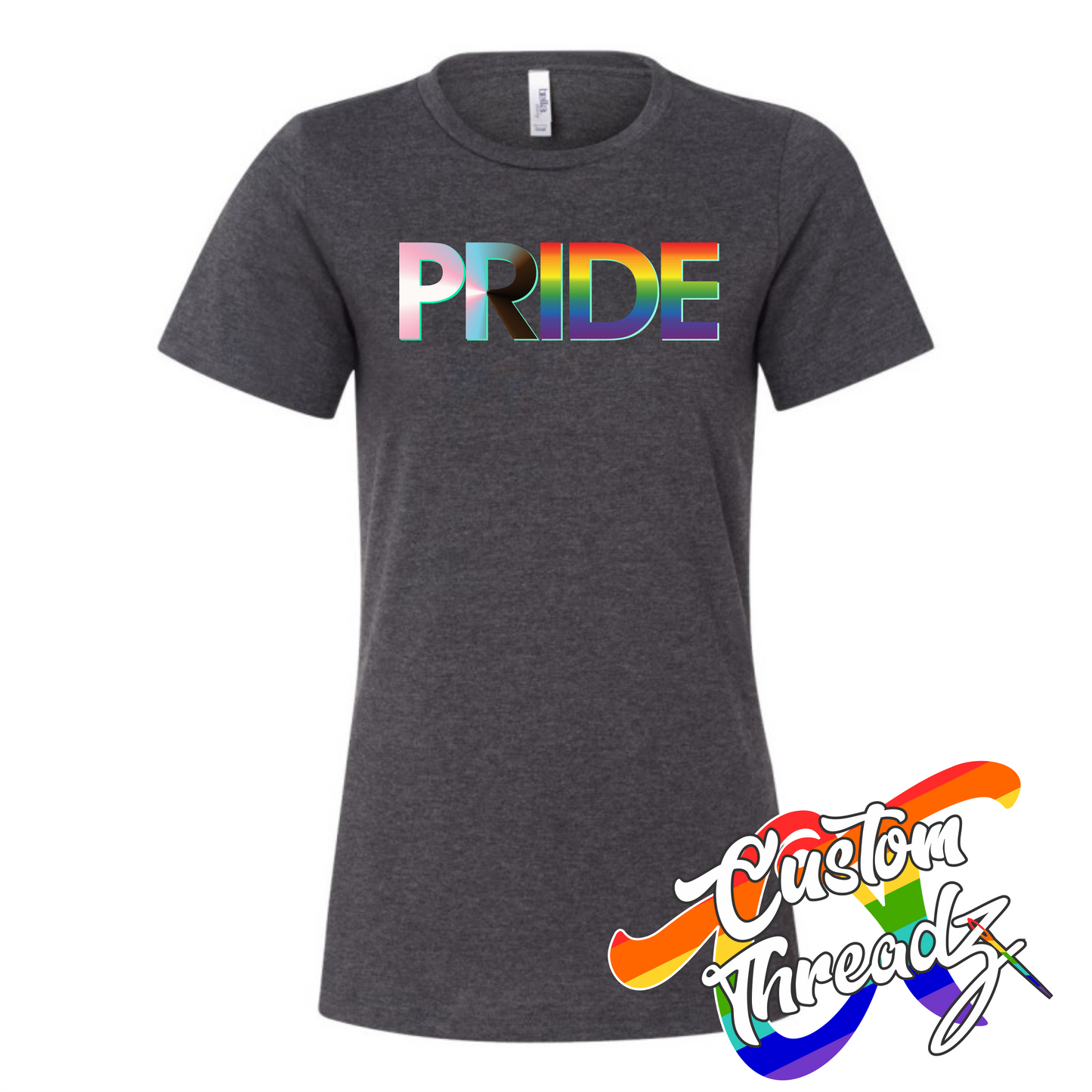 dark grey heather womens tee with progress pride flag rainbow DTG printed design