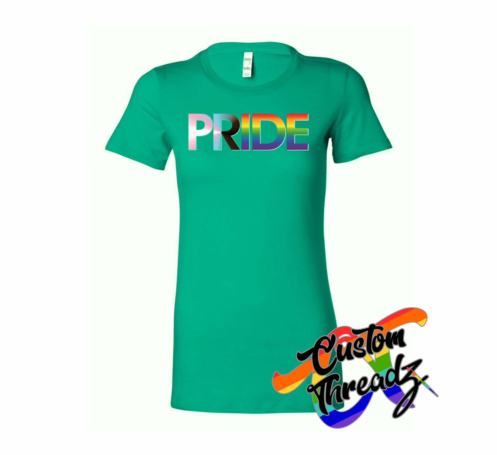 green womens tee with progress pride flag rainbow DTG printed design