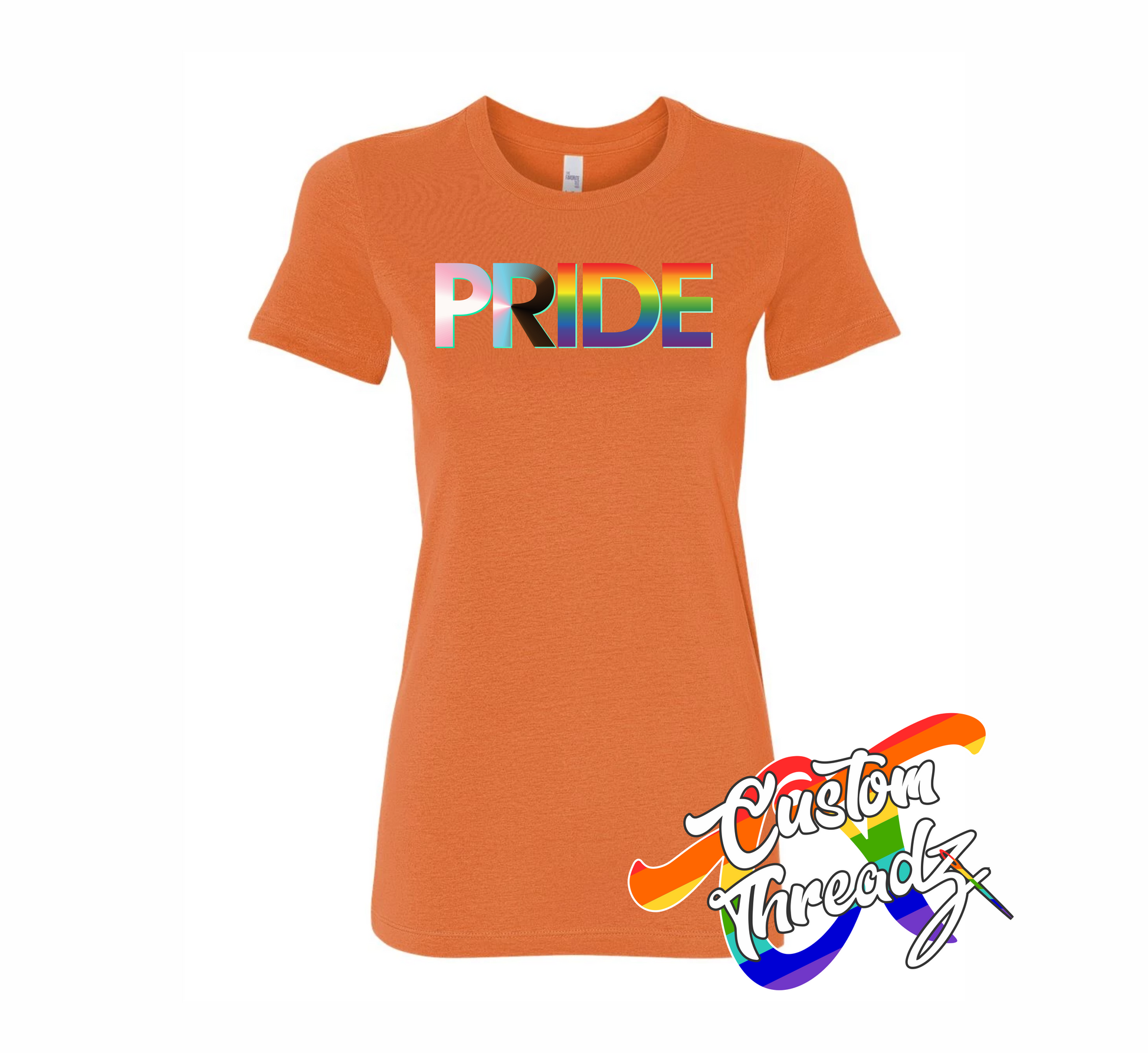orange womens tee with progress pride flag rainbow DTG printed design