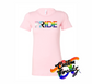 pink womens tee with progress pride flag rainbow DTG printed design