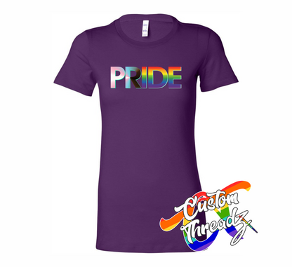 purple womens tee with progress pride flag rainbow DTG printed design