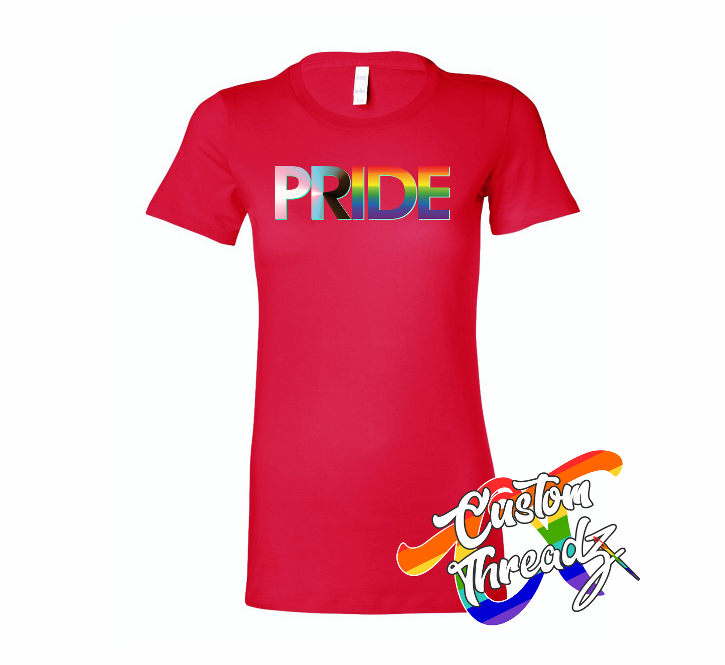 red womens tee with progress pride flag rainbow DTG printed design