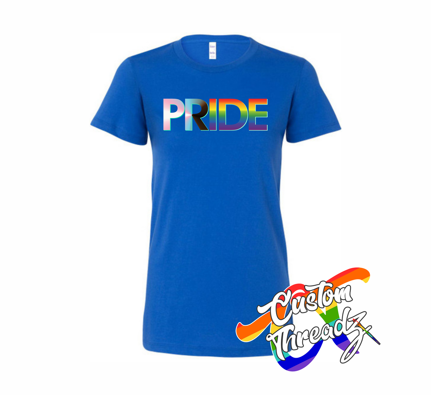 royal blue womens tee with progress pride flag rainbow DTG printed design