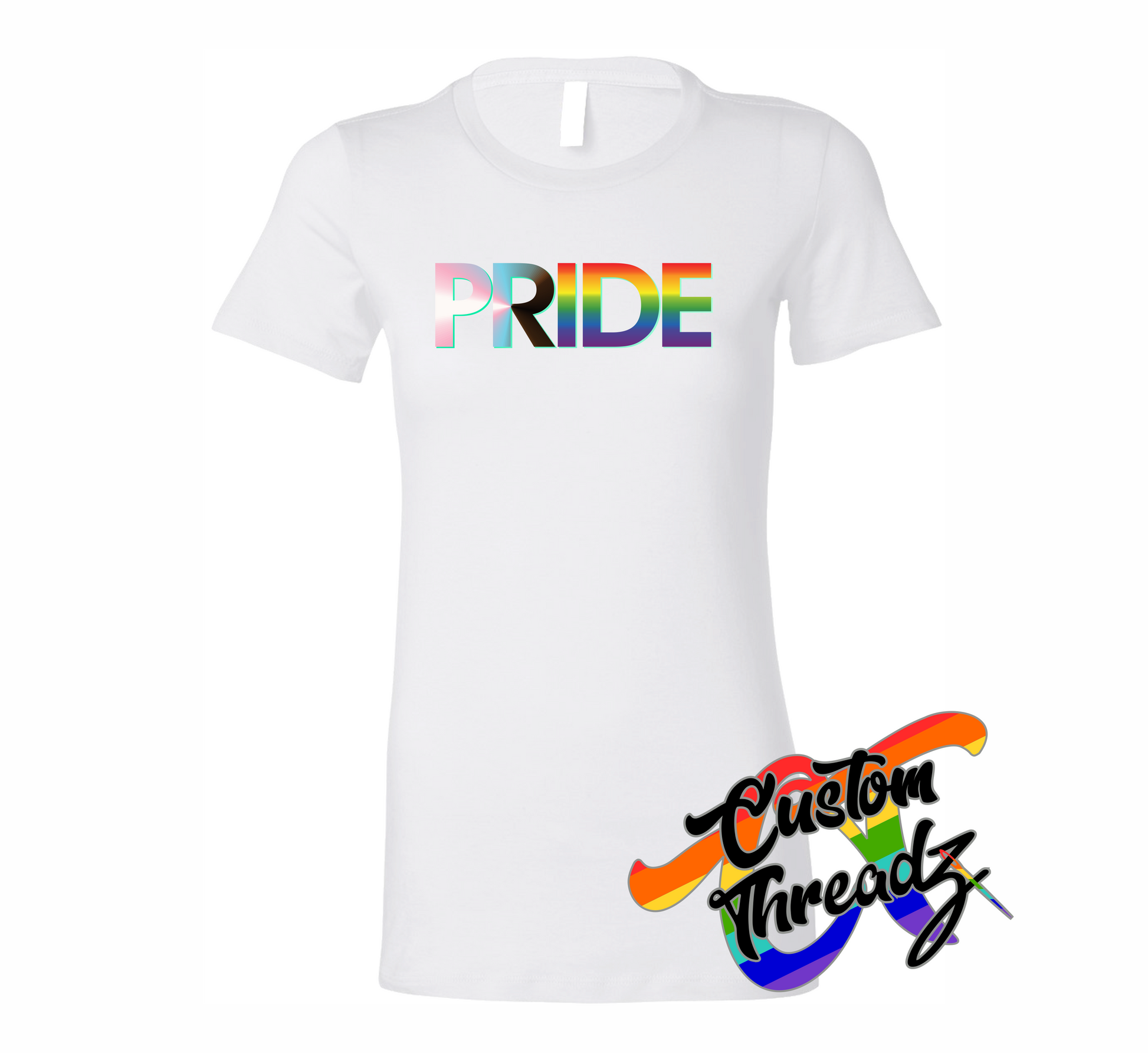 white womens tee with progress pride flag rainbow DTG printed design