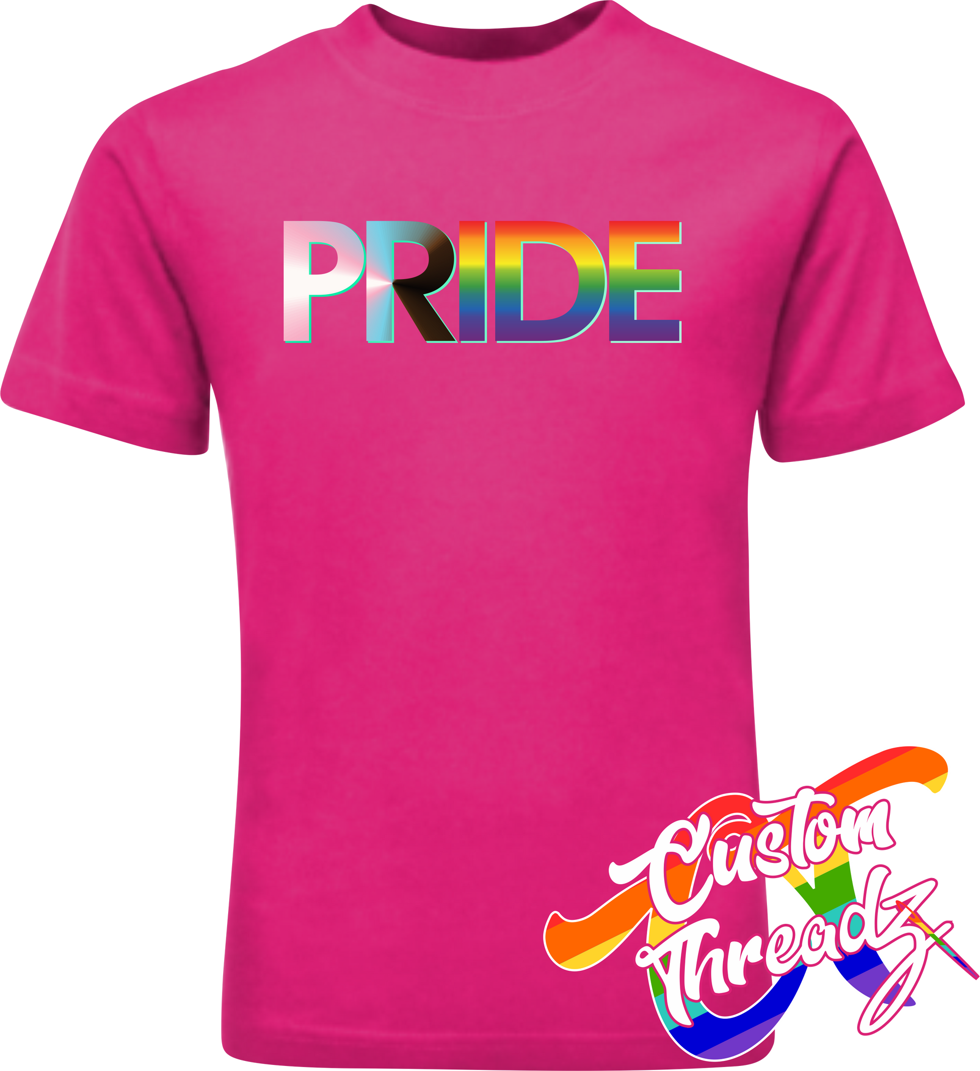pink tee with progress pride flag DTG printed design