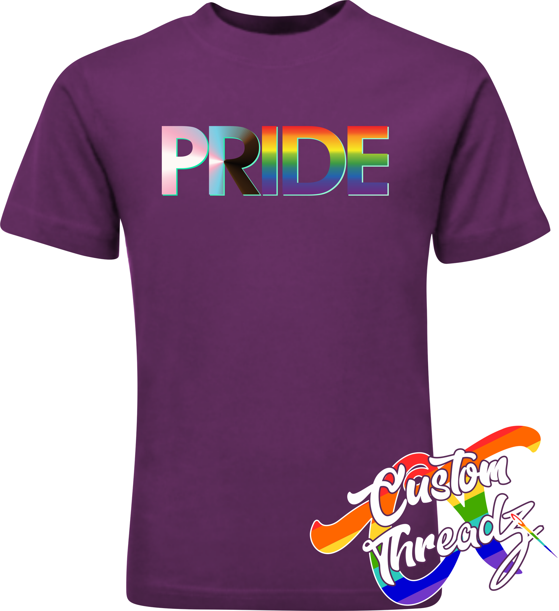 purple tee with progress pride flag DTG printed design