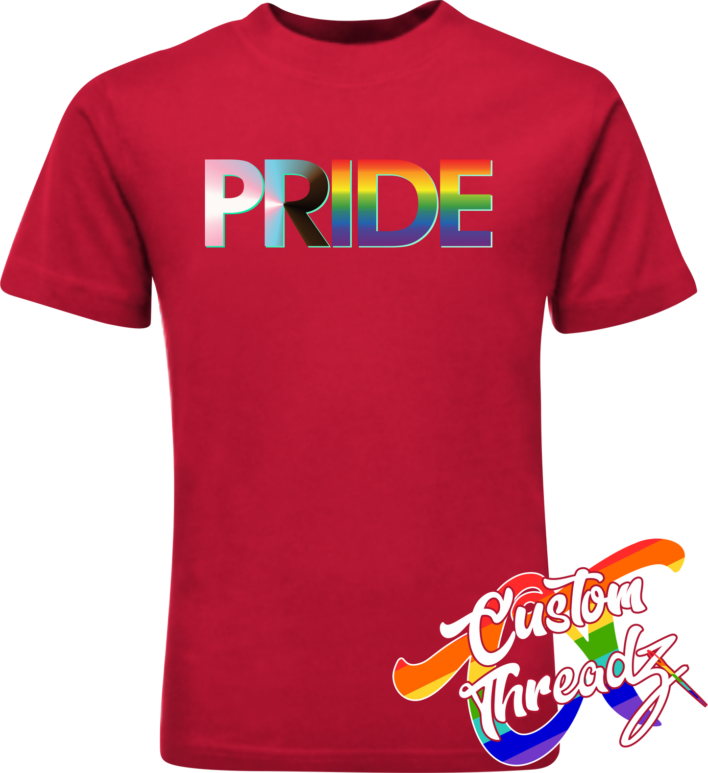 red tee with progress pride flag DTG printed design