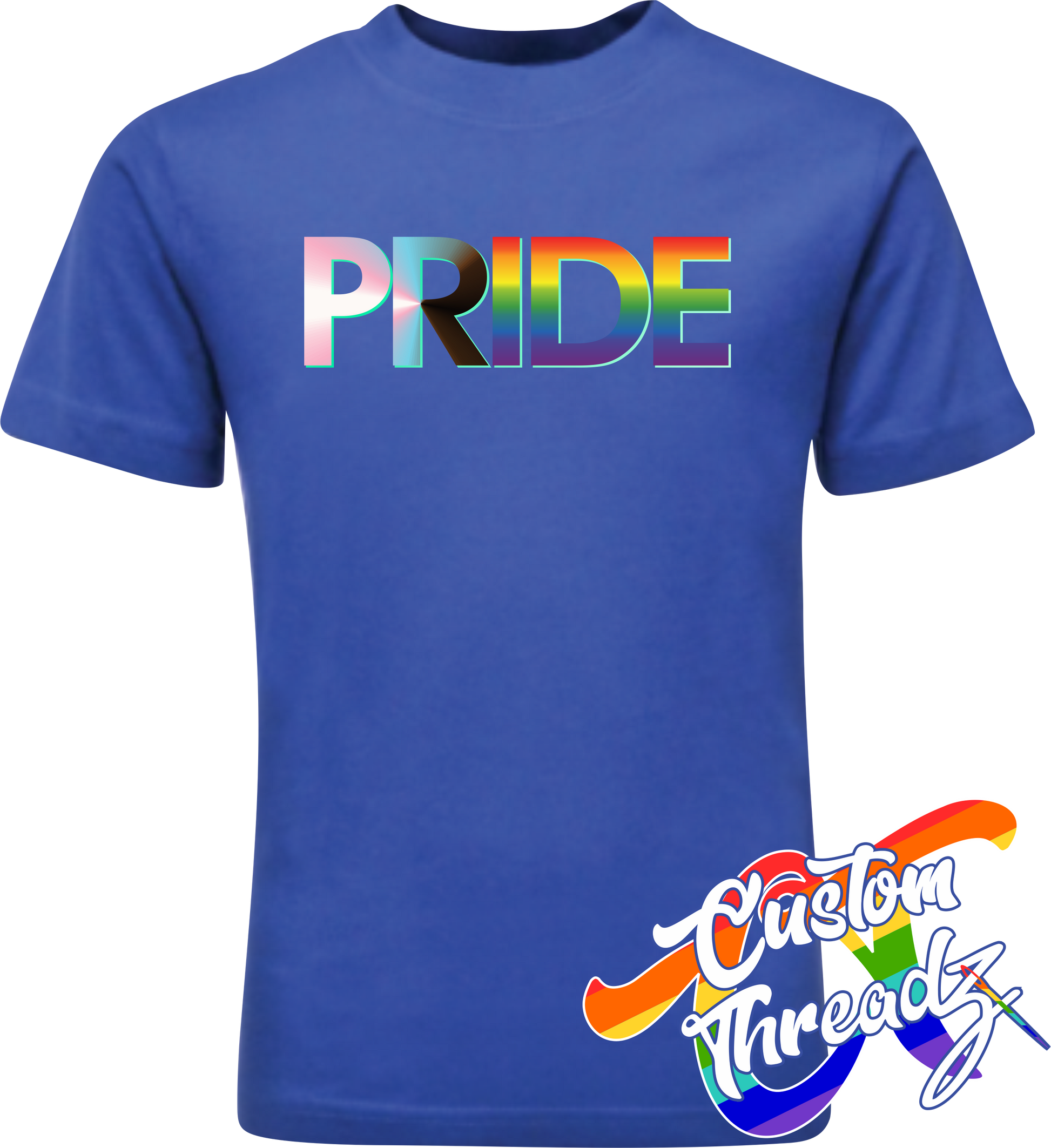 royal blue tee with progress pride flag DTG printed design