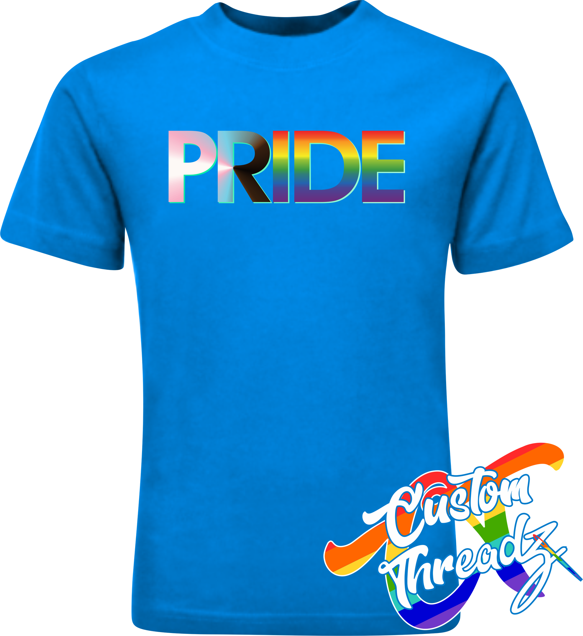 sapphire tee with progress pride flag DTG printed design