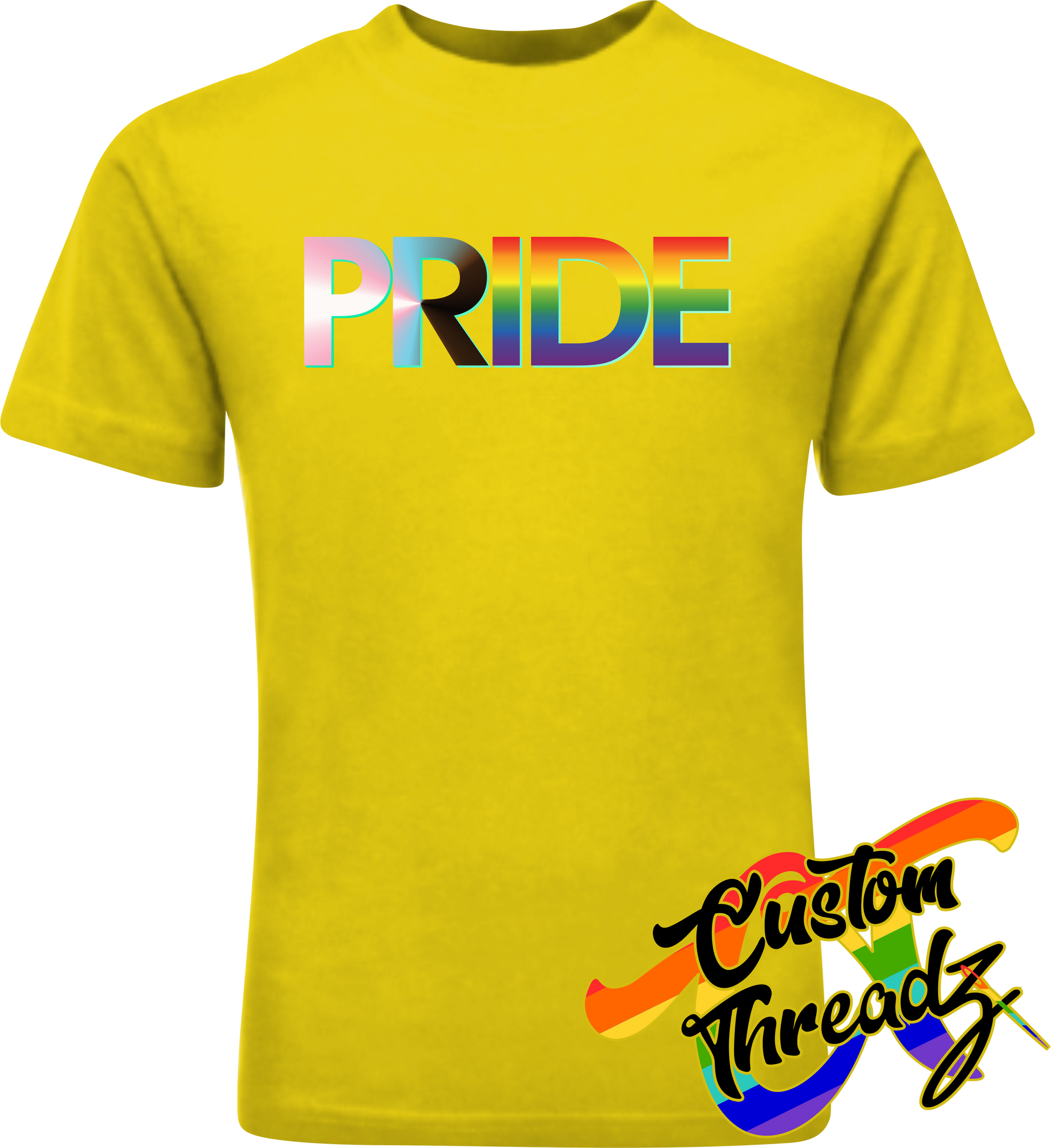 yellow tee with progress pride flag DTG printed design