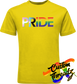 yellow tee with progress pride flag DTG printed design
