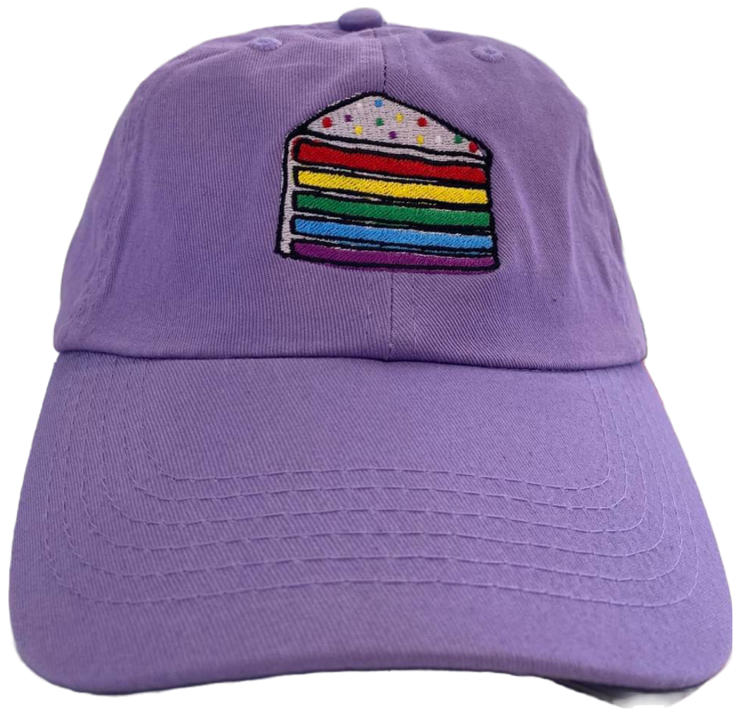 lavender dad cap with rainbow cake embroidery