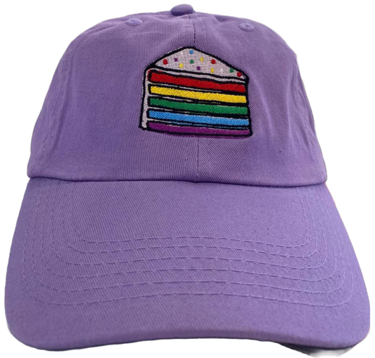 lavender dad cap with rainbow cake embroidery