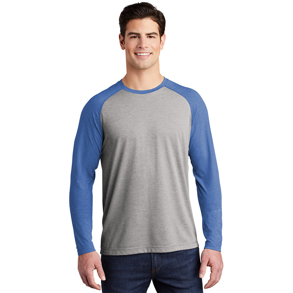 sport-tek long sleeve triblend wicking raglan tee true royal heather light grey heather