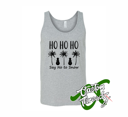 unisex athletic heather grey tank top  with HO HO HO say no to snow DTG printed design