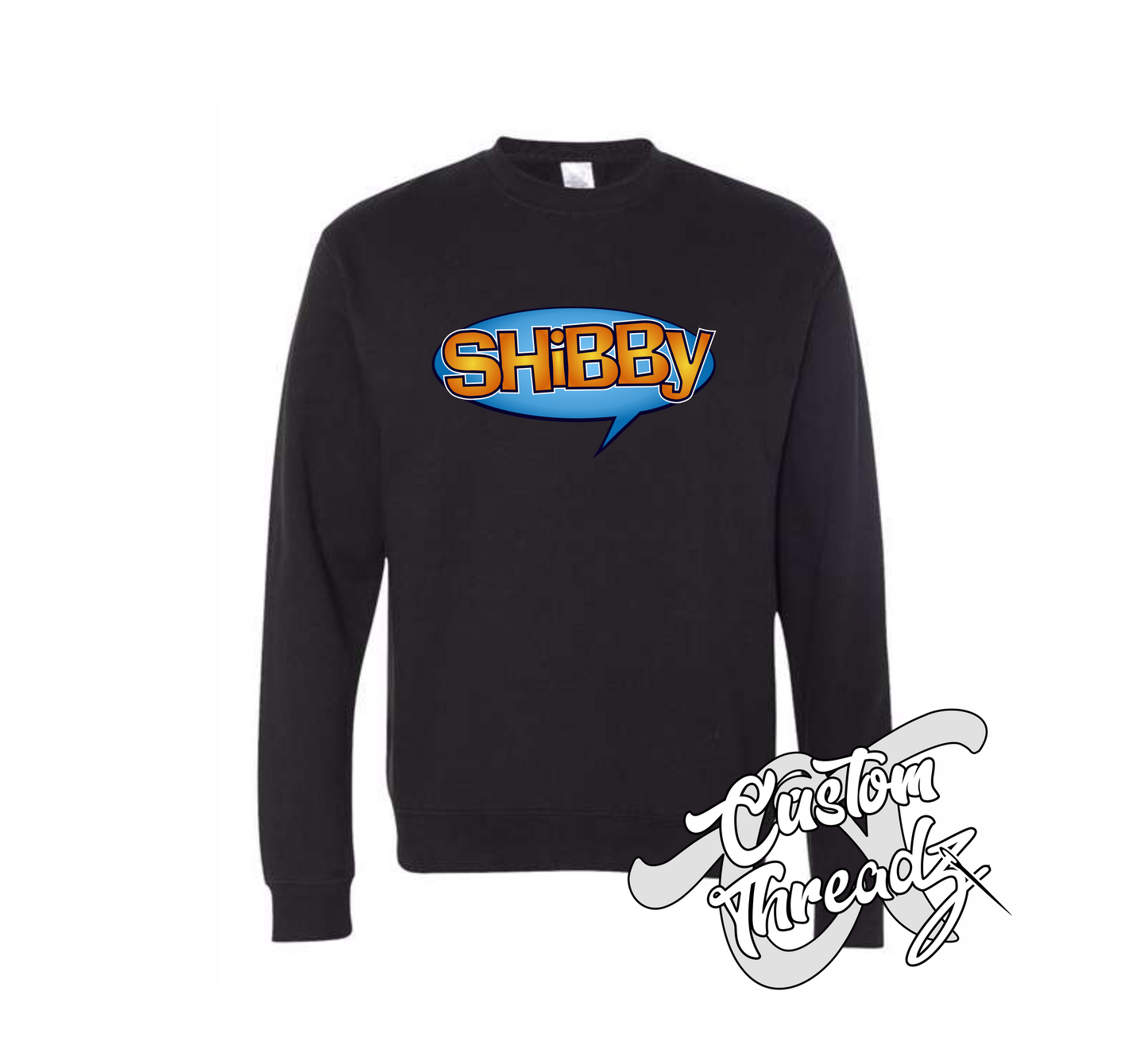 black crewneck sweatshirt with shibby dude wheres my car DTG printed design