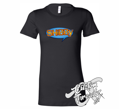 black womens tee with shibby dude wheres my car DTG printed design